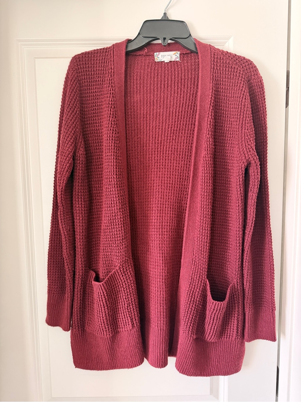 Waffle Knit Open-Front Cardigan Sweater - Wine